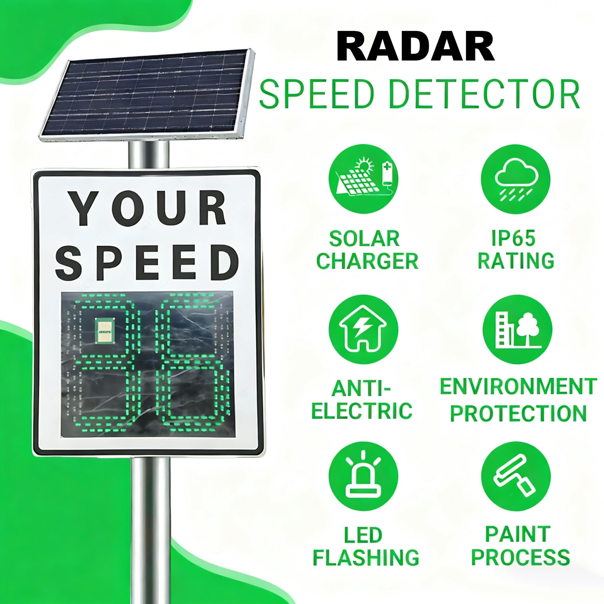 Cartel de Velocidad con Tecnología Radar y Energía Solar, Pantalla Grande para Gestión de Tráfico en Instalaciones Logísticas