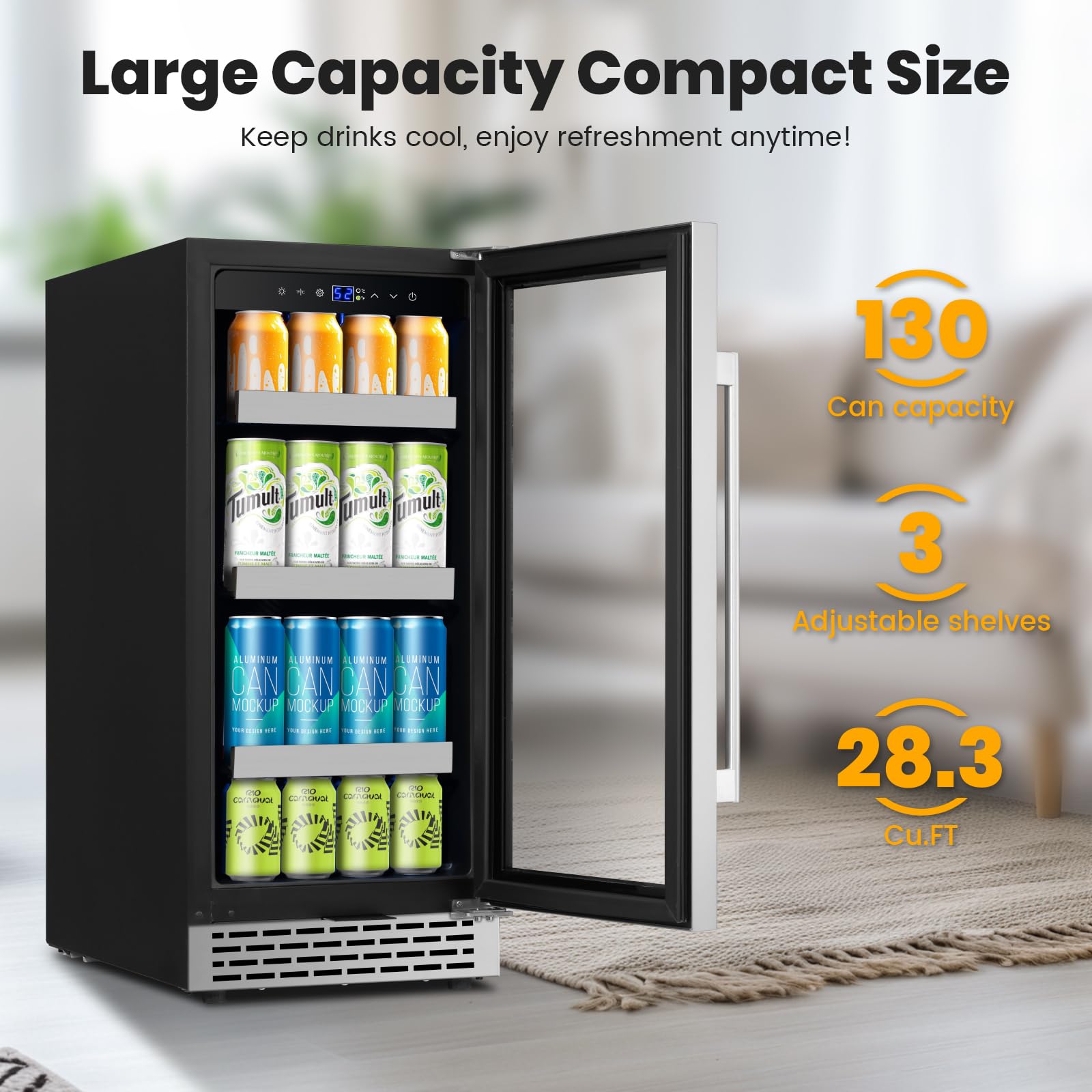 Vinecold 15 Inch Beverage Refrigerator,130 Cans Under Counter Beverage Fridge With Glass Door For Soda Beer Water, Freestanding Reversible Door Beverage Cooler Refrigerator For Home&Kitchen on Fridge.com - View 2