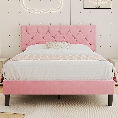 VECELO Queen Size Bed Frame, Upholstered Platform with Adjustable Diamond Tufted Headboard, Wood Slat Support, No Box Spring Needed, Pink