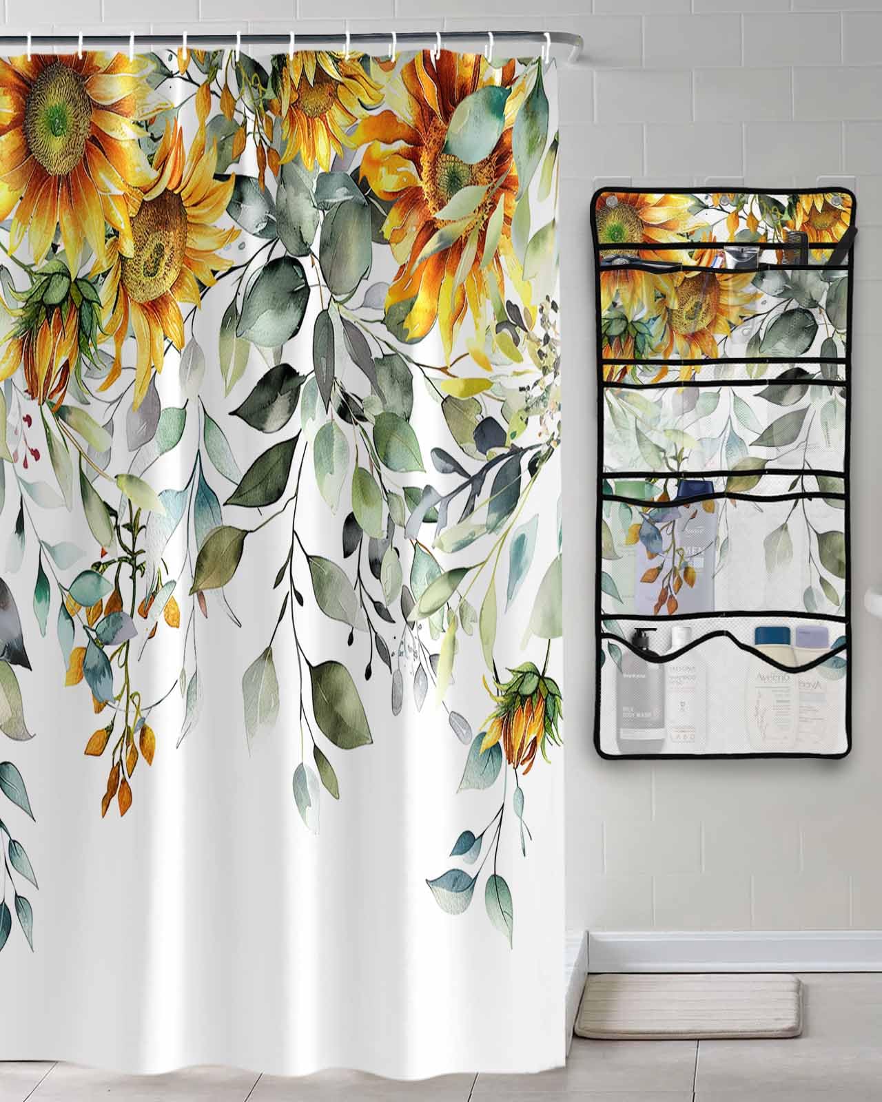 Decorative Shower Curtain Sets Eucalyptus Leaves Green Polyester Fabric Waterproof Shower Curtains Pastoral Style Sunflowers White Mesh Shower
