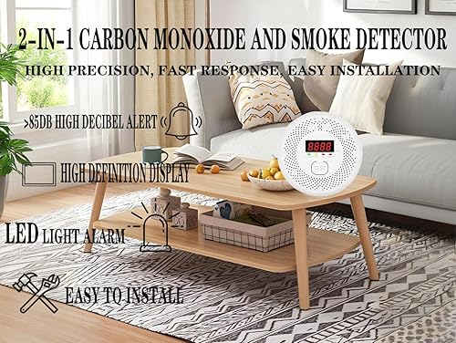 Miniatura 6 de Detector de monóxido de carbono y humo, pantalla LCD, funciona con pilas, sensores duales, alarma de voz de 85 dB y seguimiento en tiempo real,