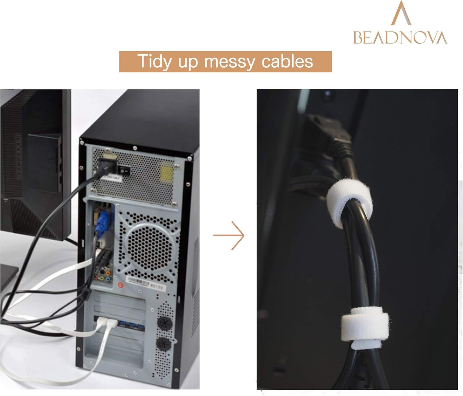 BEADNOVA Adjustable Cable Straps Cable Ties Adjustable Cord Wire Organizer for Cord Management (8 Inches, 60 Pieces, White)