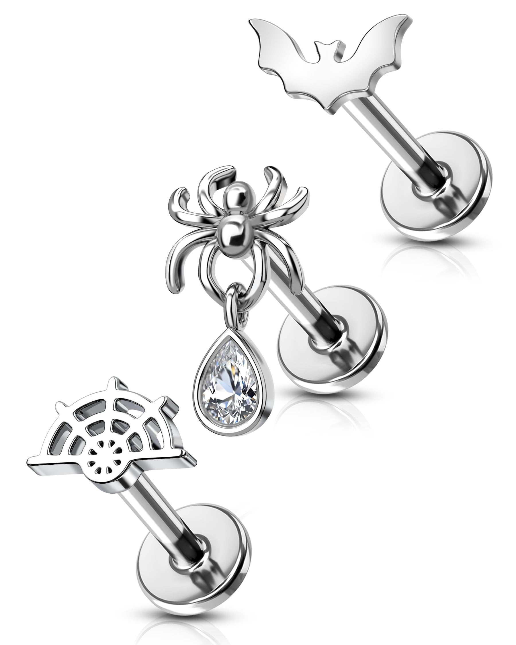 Cocharm 3Pcs Bat Spider Cartilage Earring 16g Flat Back Cartilage Piercing Jewelry Halloween Helix Jewelry 8mm Silver Web Conch Stud Funny Labret Stud