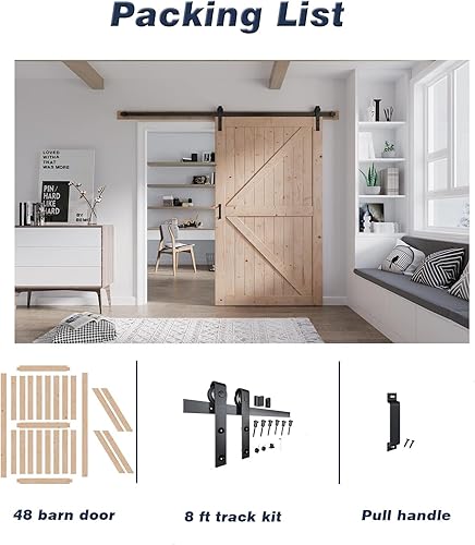 Miniatura 8 de FREDBECK - Puerta de granero de madera de 48 x 84 pulgadas con kit de herrajes para puerta de granero de 8 pies incluido, forma K, panel de abeto