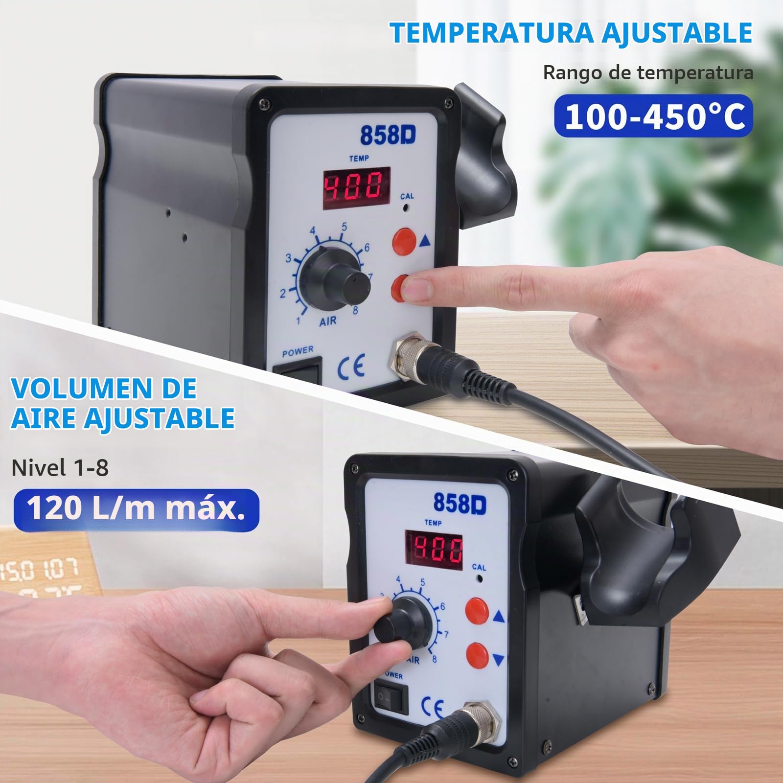 Estación de Soldadura de Aire Caliente 858D, Estación de Desoldadura 700 W con 3 Boquillas, Pantalla Digital de 100-450 °C, Hot Air Soldering Station para Soldadura y Desoldadura SMD