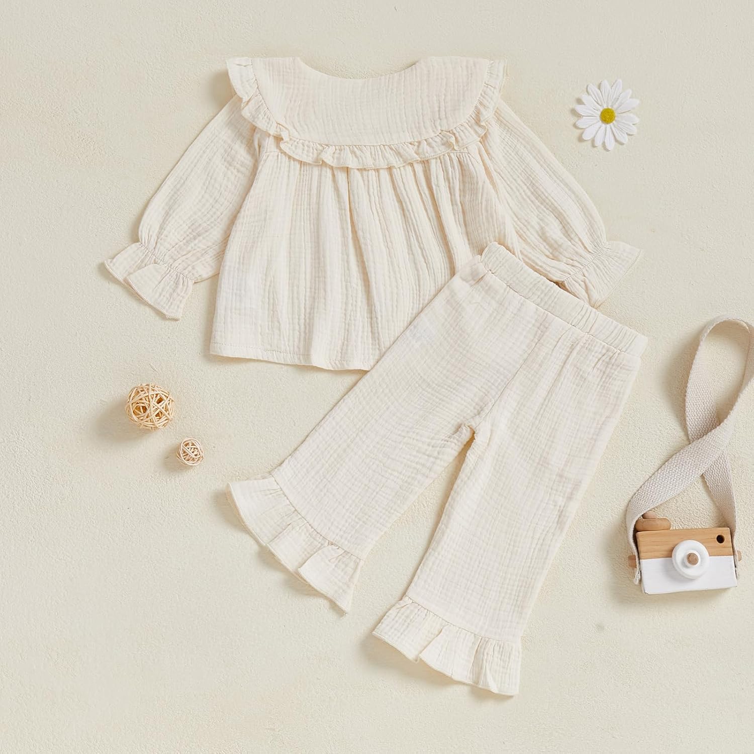 Gueuusu Toddler Girls Linen Outfit Peter Pan Long Sleeve Button Up Shirt Ruffle Pants Set Baby Girl Baptism Photoshoot Outfit - Image 3