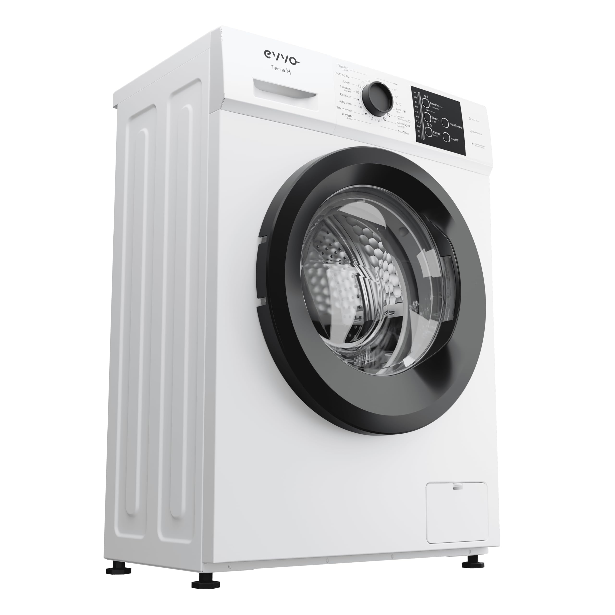 EVVO Lavadora Carga Frontal TERRA K7 - Lavadora Eficiencia Energética A, Motor eDRIVE Inverter, Función Vapor, 1000-1200 RPM, 16 Programas, Lavado Rápido, Limpieza de Tambor, Fondo Estrecho 44 cm