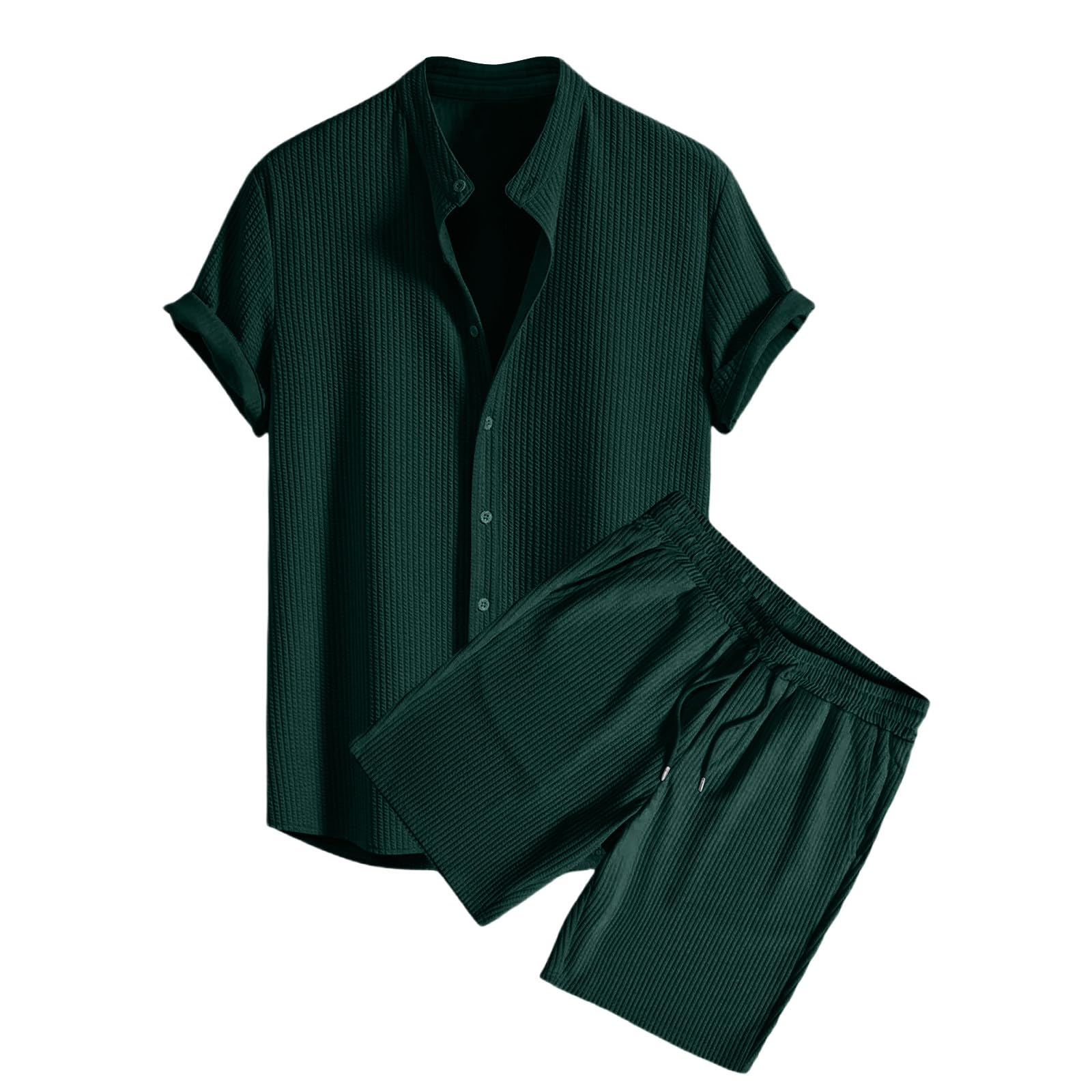 Conjunto de 2 piezas de verano para hombre, pantalones cortos y camisas acanaladas con botones, camisas de manga corta, cintura elástica, pantalones cortos con cordón y bolsillos, elegante,
