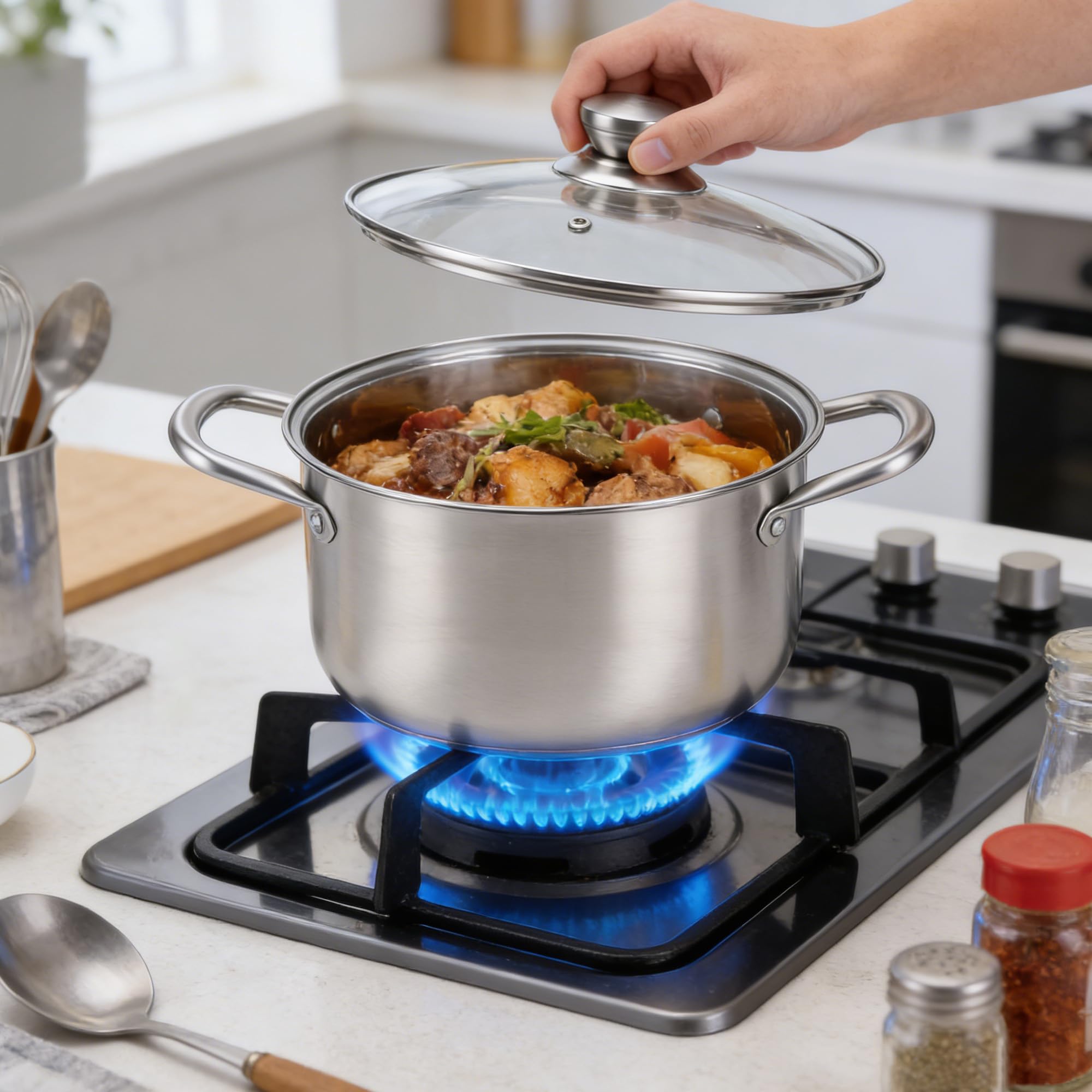 Batería de Cocina 8 Piezas Acero Inoxidable 304, Juego de Ollas y Sartenes Inducción con Tapas de Cristal, Cacerolas Multicapa para Todas las Cocinas, Fácil Limpieza