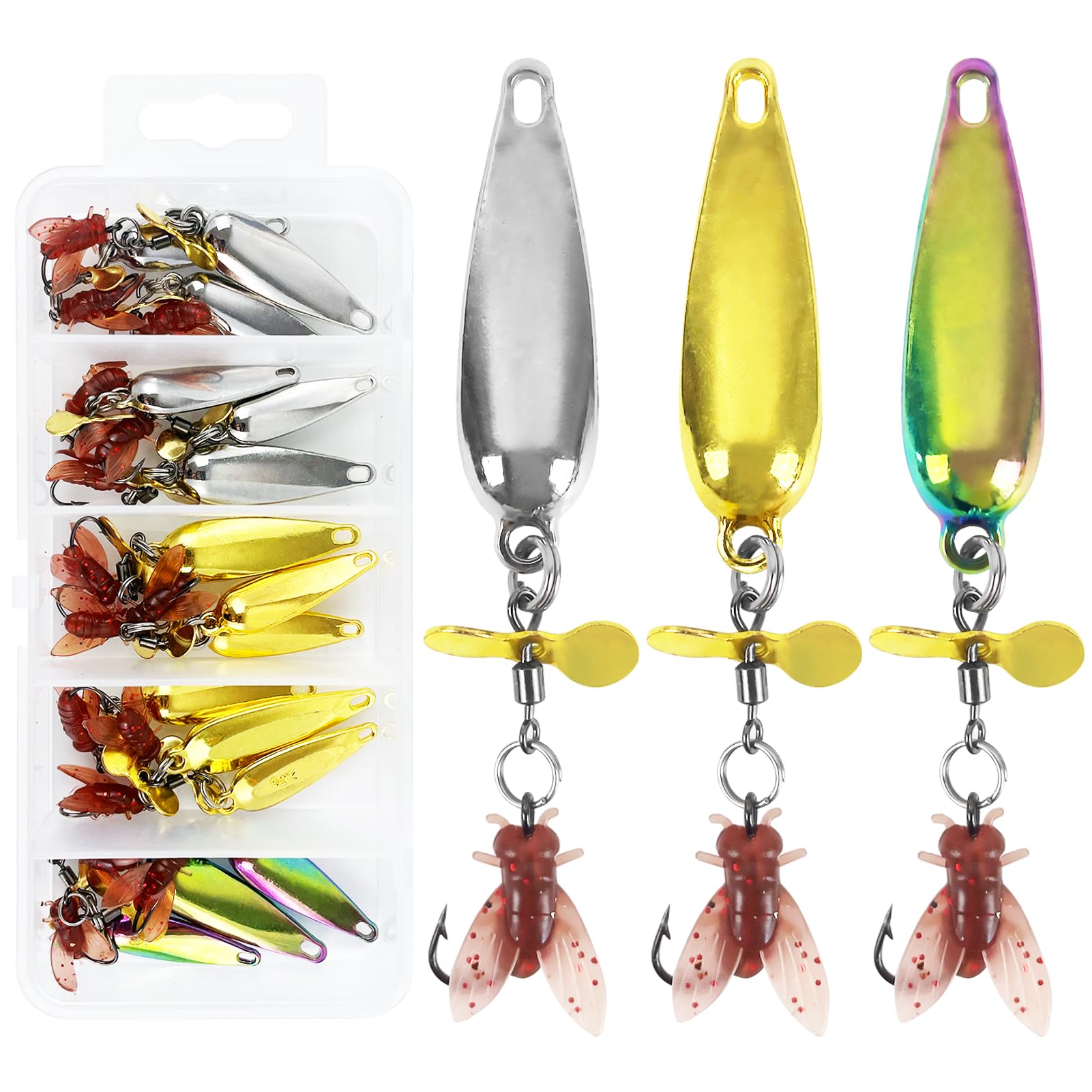 15 Pcs Trout Lures Spinnerbaits Fly Fishing Spinners Hand-Tied Spoons for Bass Pike Salmon Freshwater Saltwater