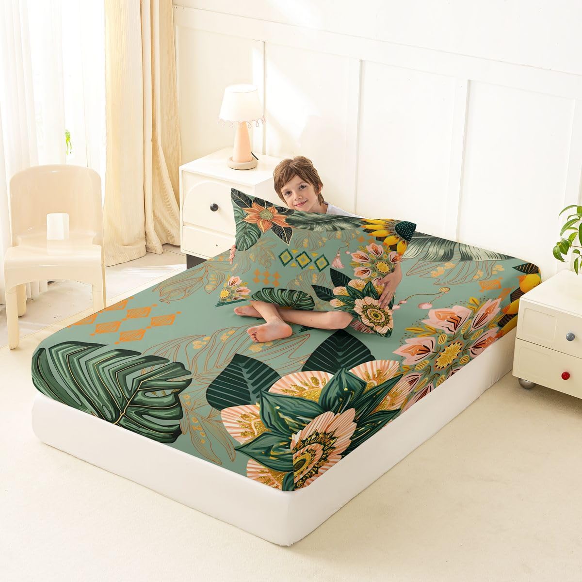 Erosebridal Boho Floral Fitted Sheet Set Twin Size for Boys Girls