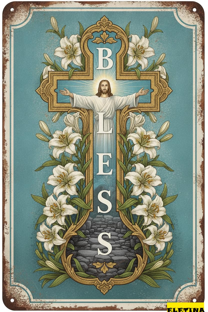 Bless Easter Bible Verse Nativity Scene Cross Retro Wall Decor Plaque Religious Bedroom Yard Garage 8x12in
