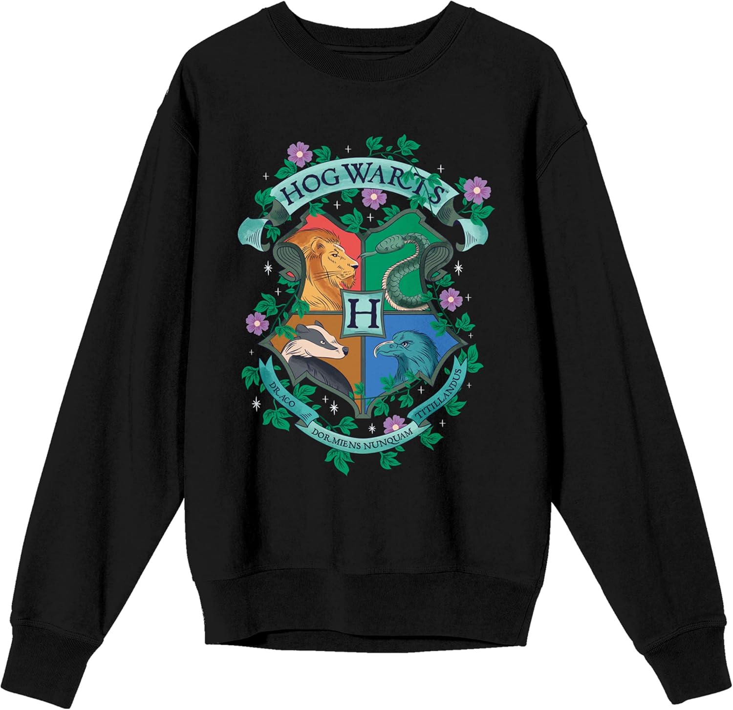 Bioworld Harry Potter Floral Hogwarts Crest Women's Black Crew Neck Sweatshirt