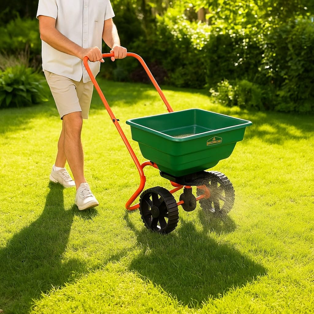 GARDEBRUK® Streuwagen 25L Streumenge einstellbar große Räder Saatgutstreuer Düngerstreuer für Salz Dünger Rasen Split Saatgut