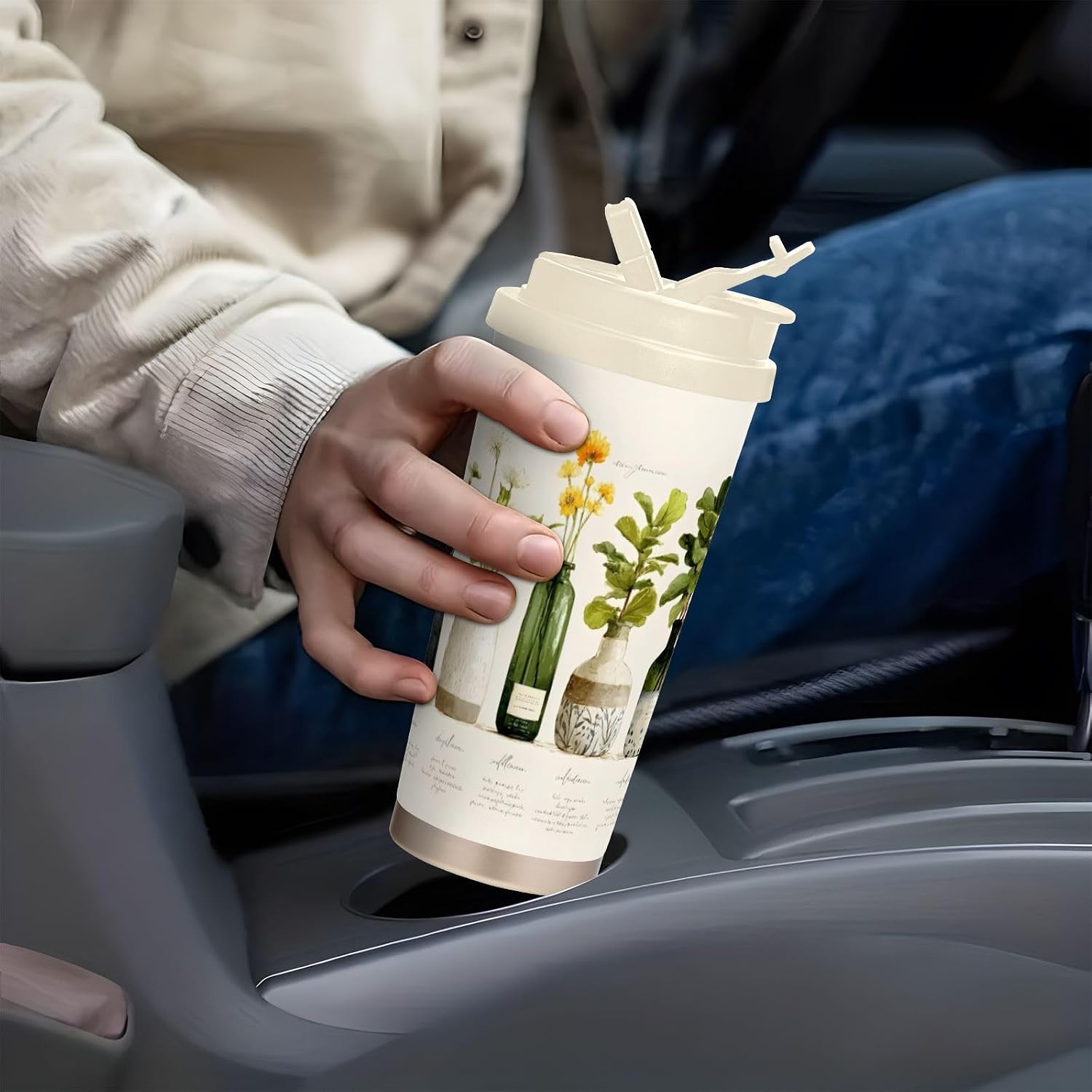 Insulated Coffee Mug Plant Vase Green with Straw & Flip Lid, 16.9oz Iced Tumbler Cup, Double Wall Vacuum Mug for Travel Office Camping