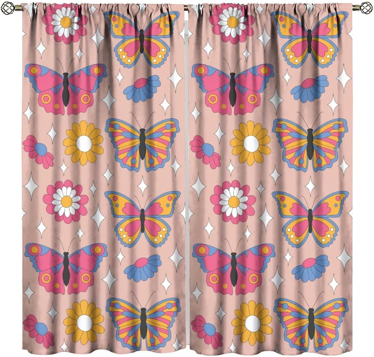 60s 70s Flower Blackout Curtains, Vintage Abstract Geometric Plaid Floral Butterfly Window Drapes, for Living Room Bedroom 42" W X 45" L