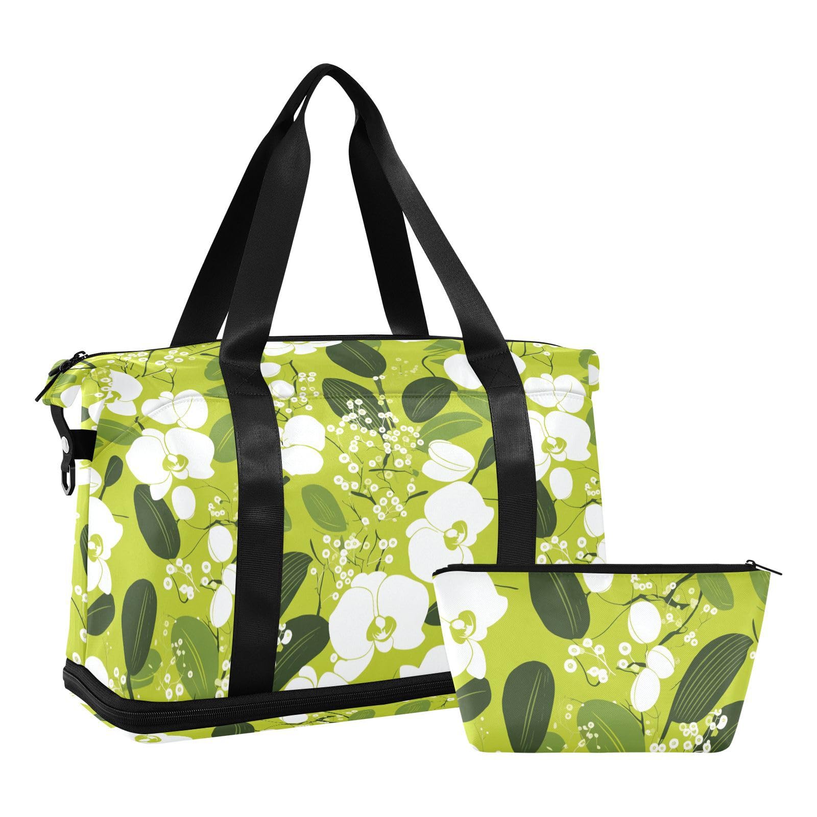 Reisetasche mit grünem Blumenmuster, Weiß, 2-teiliges Set, Reisetasche, Wochenendtasche, Übernachtungstasche, mit verstellbarem Gurt, für Flugreisen