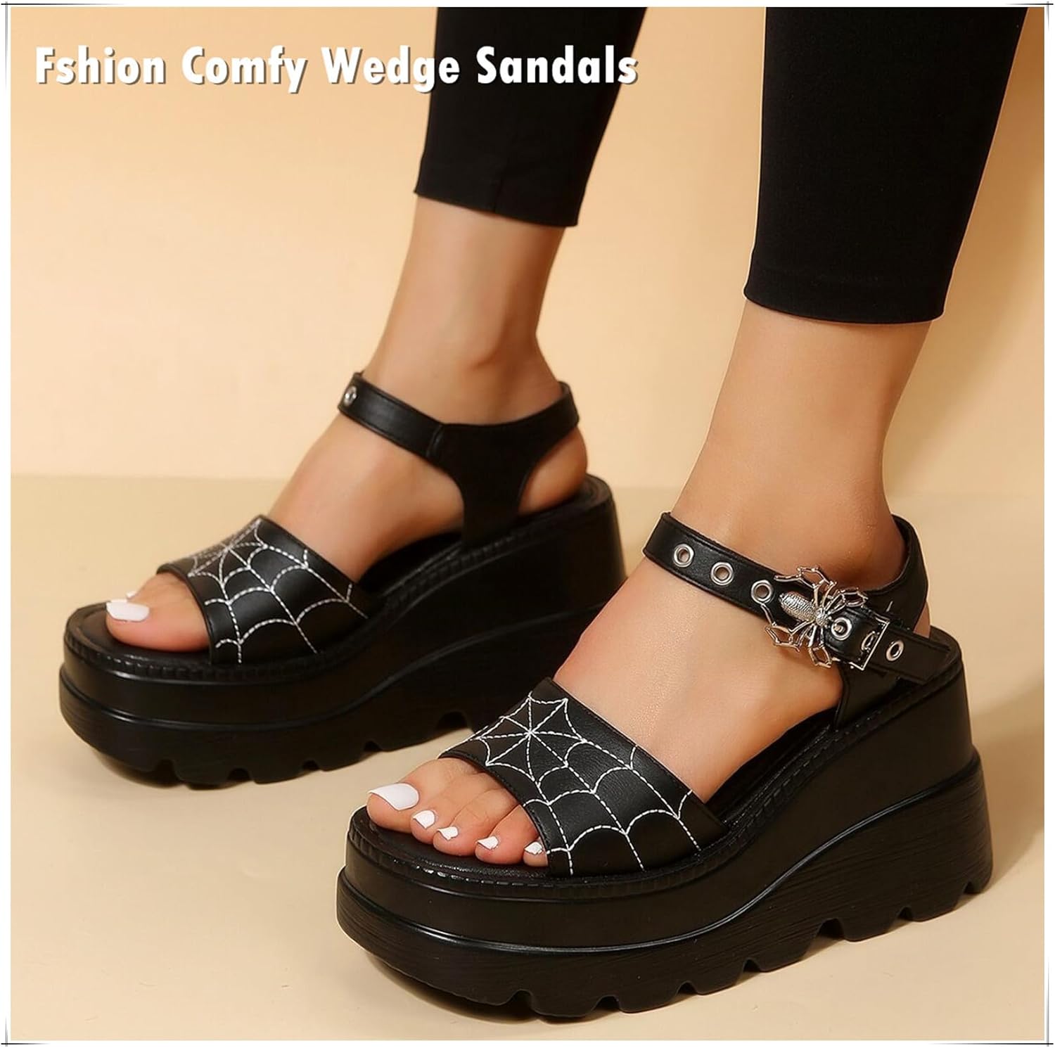 Gothniero women black platform sandals goth chunky wedge heel summer sandals girls gothic punk platform sandals for women metallic spider buckles slides size 5.5-11