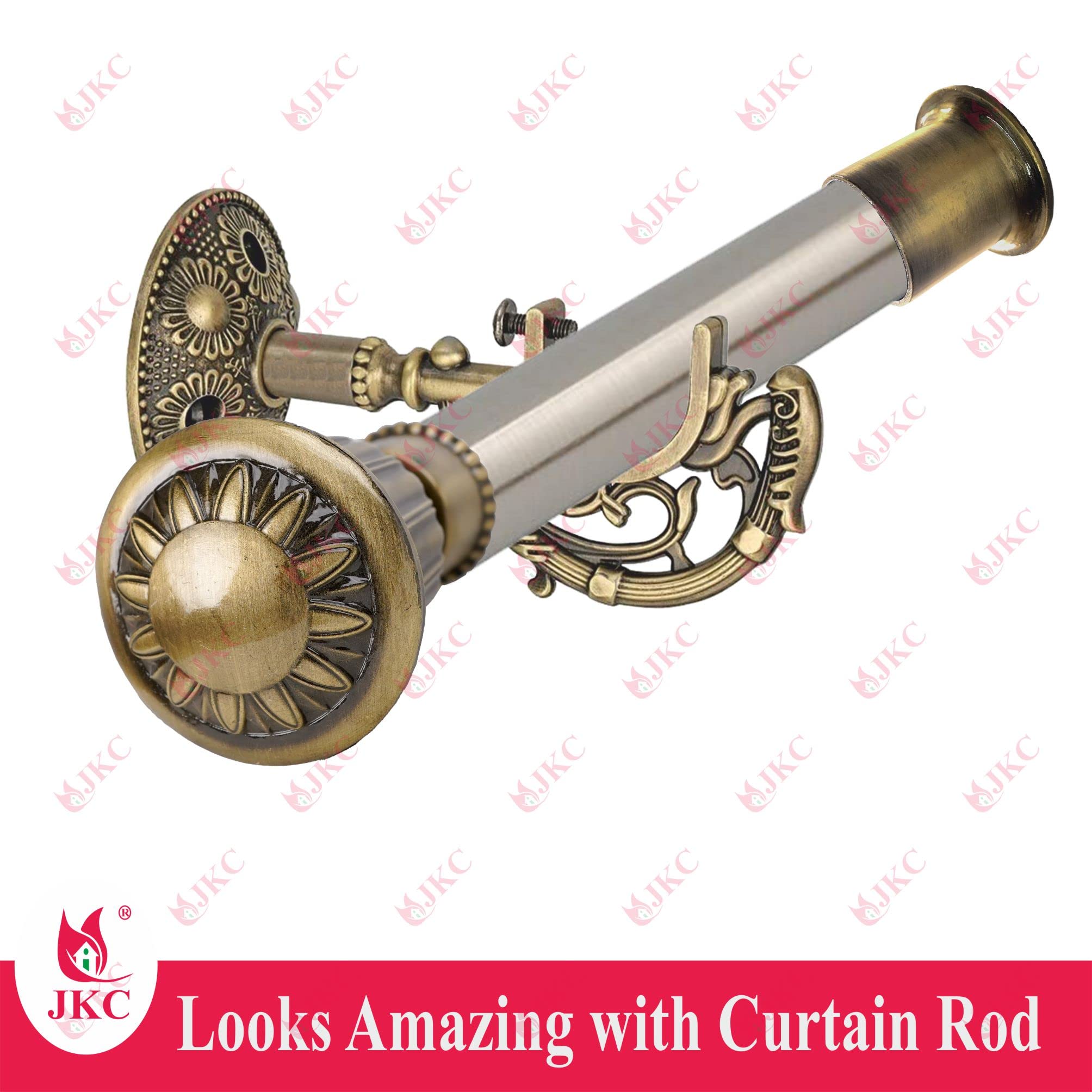 JKC Royal Golden Zinc Alloy Curtain Bracket and Holder Set - Perfect for 1 Inch Curtain Rods and Home Decor - Includes 1 Bracket, 1 Holder and 1 Wall to Wall | Support - 1 Pcs & Wall to Wall - 1 Pcs 4