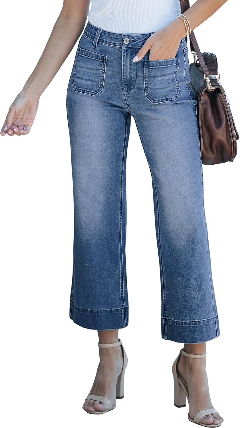 luvamia Wide Leg Jeans for Women Trendy High Waisted Flare Jeans Cropped Denim Pants Stretchy Baggy with Patch Pockets