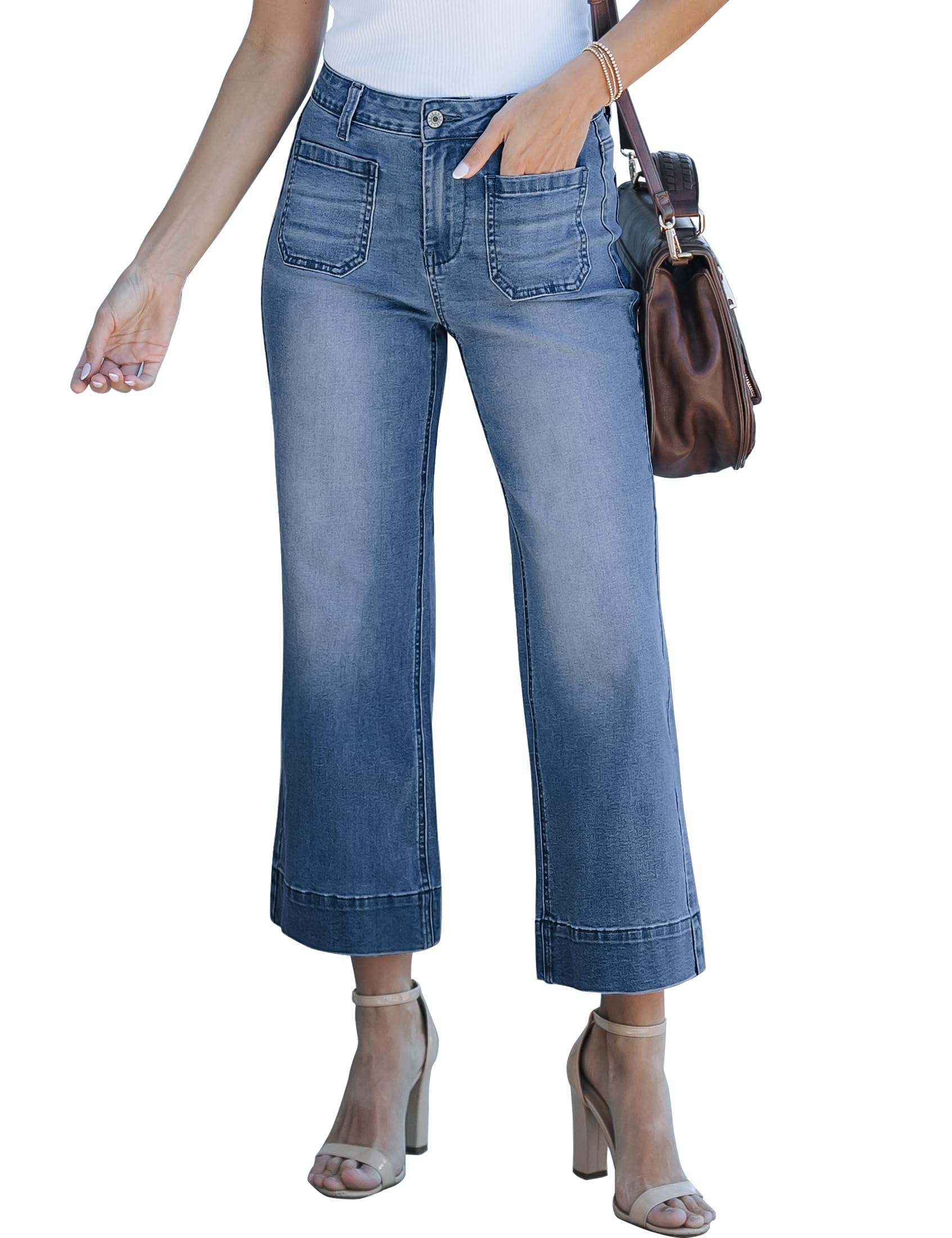 luvamia Wide Leg Jeans for Women Trendy High Waisted Flare Jeans Cropped Denim Pants Stretchy Baggy with Patch Pockets