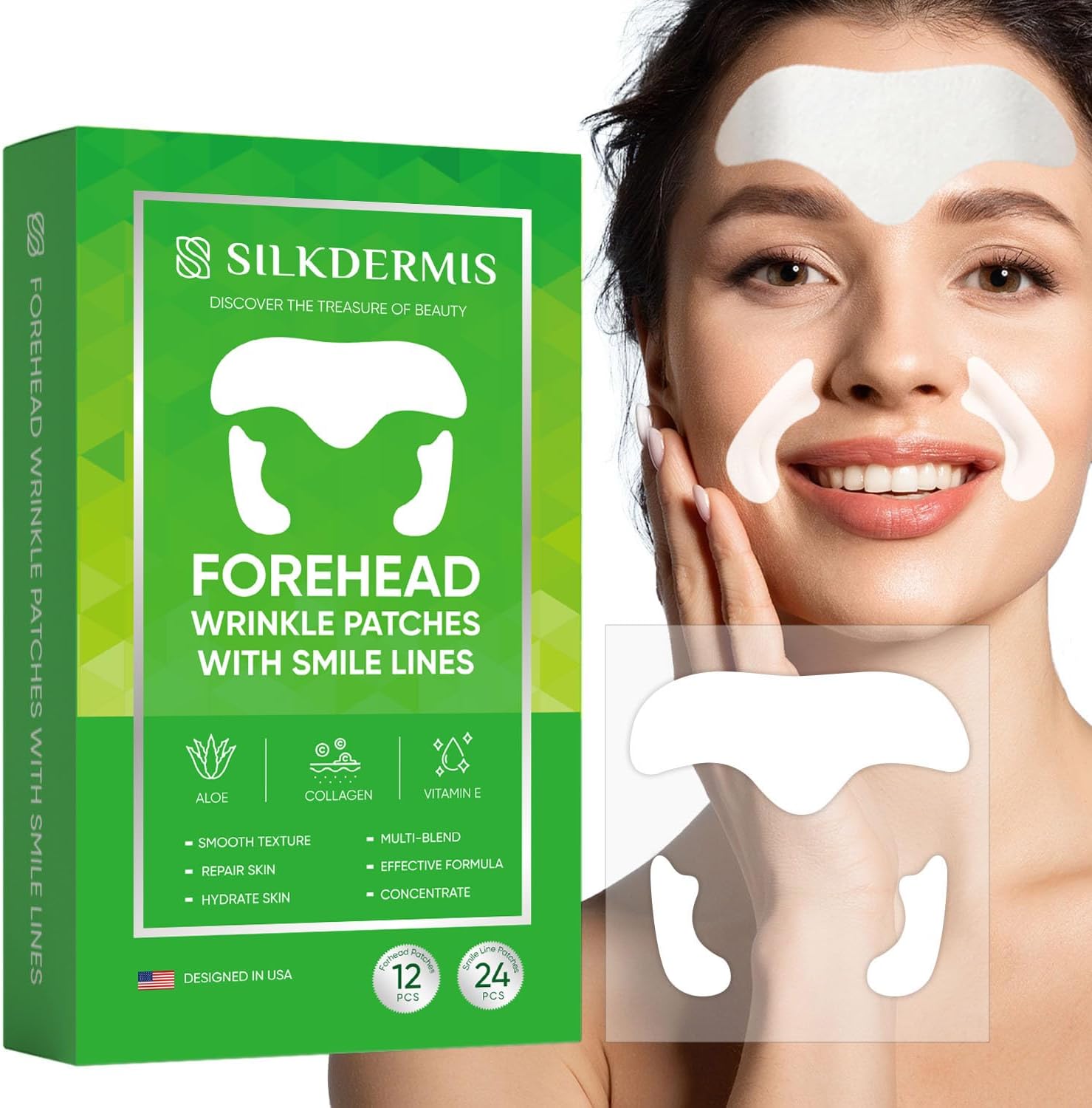 SILKDERMIS Smile Line Patches-12 of Forehead Patches and 12 Pairs of Smile Line Patches