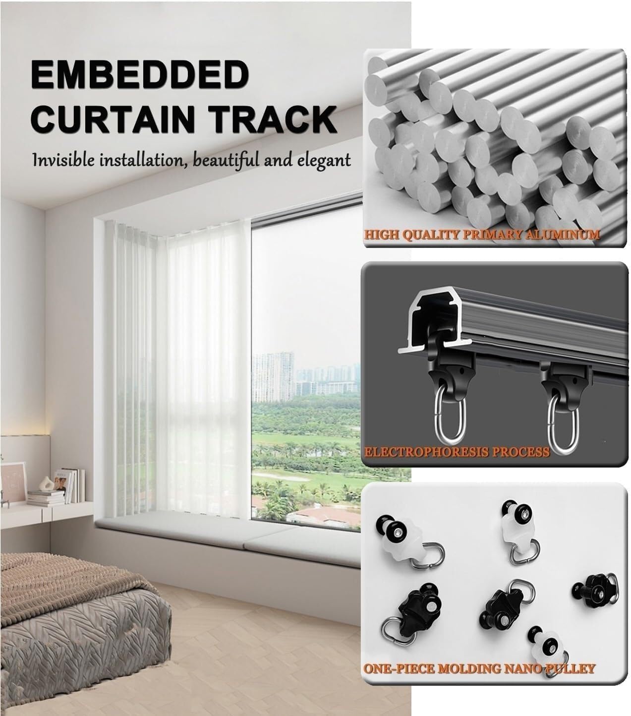 Premium Black Aluminum Curtain Track - 600cm Ceiling-Mounted Sliding Room Divider for Elegant Home Decor, Window Treatments, and Space Separation Solutions. (White 120cm/3.9ft)