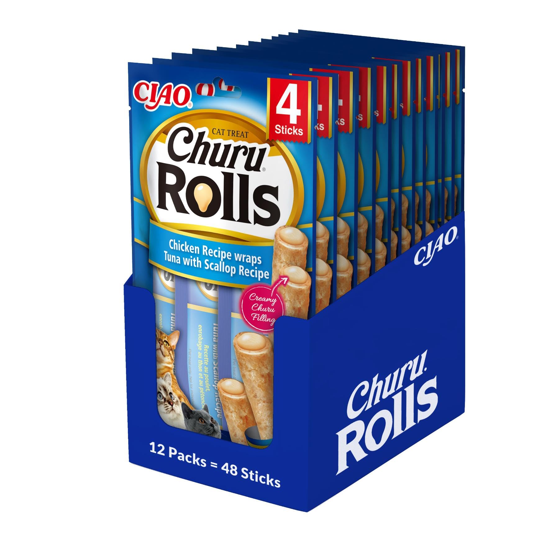 INABA Churu Rolls Gatos - Receta Saludable de Atún Recubierto de Vieira - Golosinas para Dar de Comer con la Mano - Deliciosos Snacks con Relleno cremoso - Atún Recubierto de Vieira - 480g (48x10g)