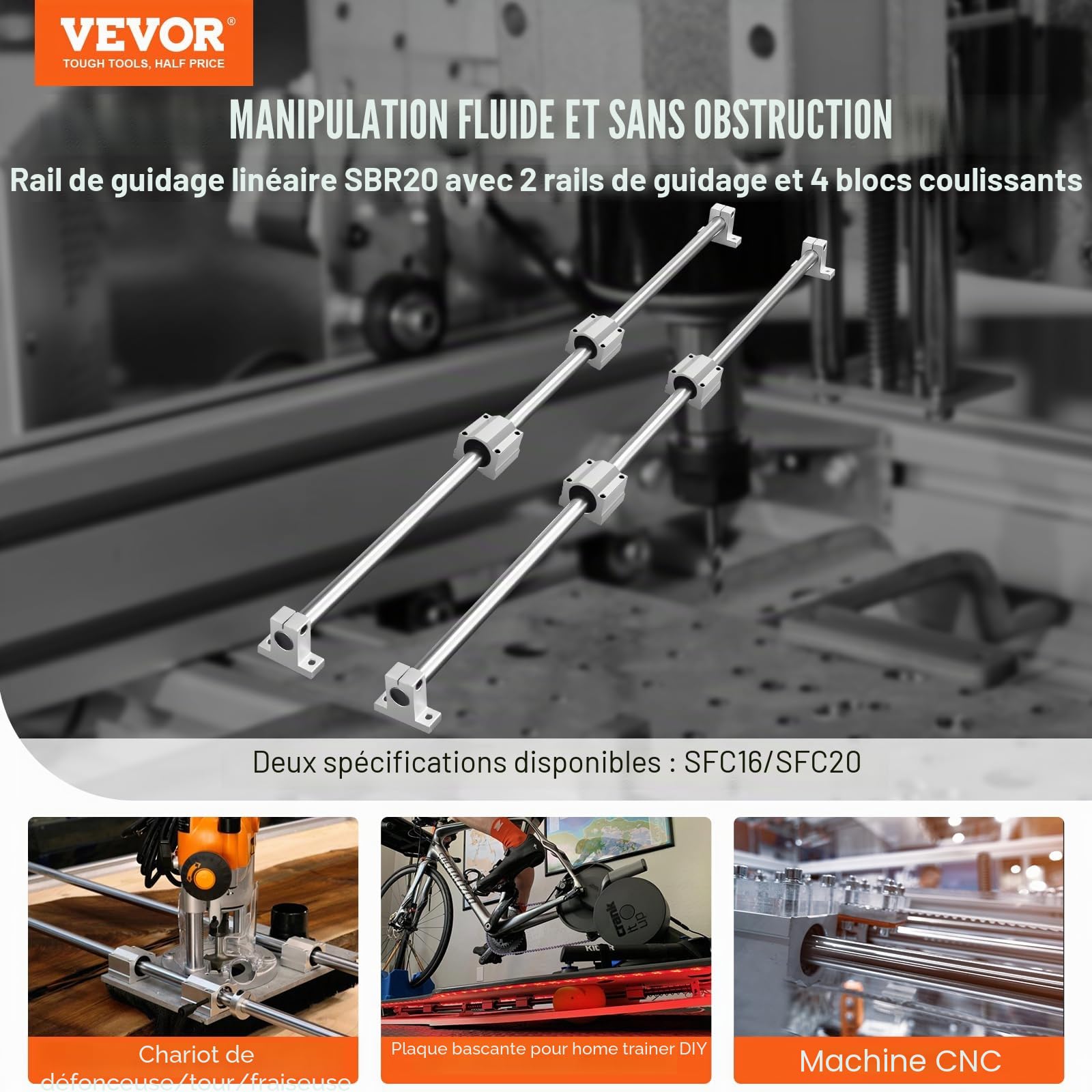 VEVOR Ensemble de rails de guidage linéaire, SFC20 1200 mm, 2 rails de guidage SFC20 39,4 po/1000 mm, 4 blocs coulissants SC20, 4 supports de rail, rails linéaires et kit de roulements pour machines a