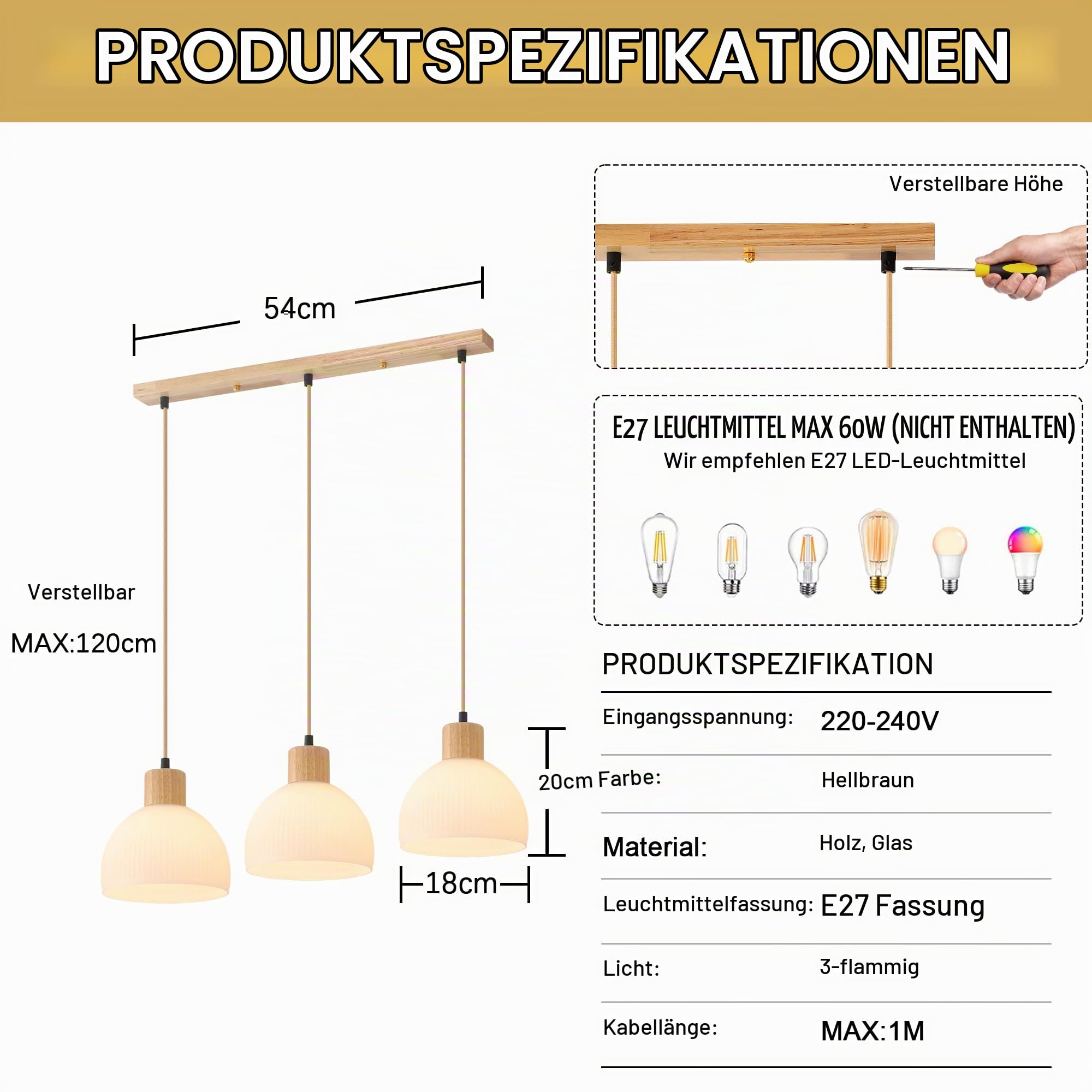 Pendelleuchte Esstisch 3-Flammig,Holz Und WeißEs Glas KüChe Lampe E27 HäNgelampe HöHeneinstellbar Wohnzimmerlampe FüR Wohnzimmer Schlafzimmer