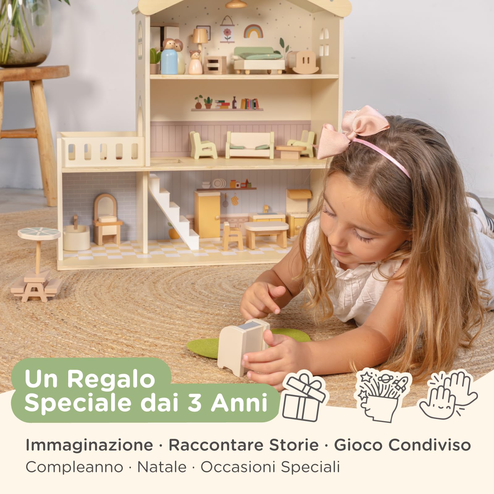 Nene Toys Casa delle Bambole in Legno con Mobili, 3 Piani, Dai 3 Anni | Casa Bambole 28 Pezzi con Mobili, Famiglia, Cane, 3 Piani, Stanze Pastello e Gioco di Imitazione per Bambini
