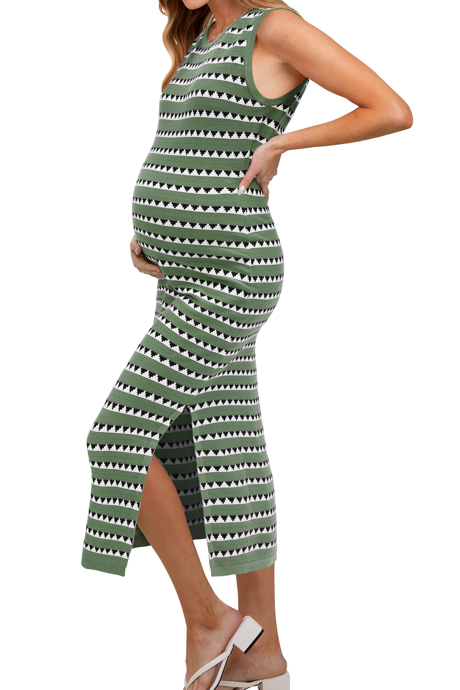 Women's 2026 Summer Maternity Dress Knit Sleeveless Crewneck Midi Dress Side Slit Striped Bodycon Sweater Dress