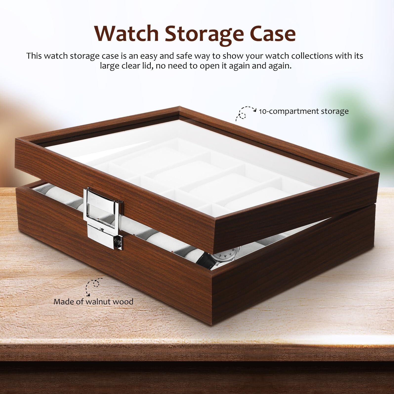 Caja organizadora de Almacenamiento para Relojes VILLCASE con Acabado en Madera de Nogal, 10 Compartimentos, con Ventana y Bandeja para Accesorios de Relojes de Hombre.
