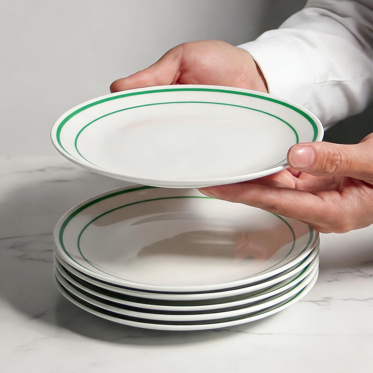 YFWOOD 6.5 Inch Green and White Dessert Plates Set of 6, Porcelain Appetizer Plates, Dishwasher & Microwave Oven Safe Stackable Plates for Fruit, Snacks, Kids Meals - White & Green Double Line