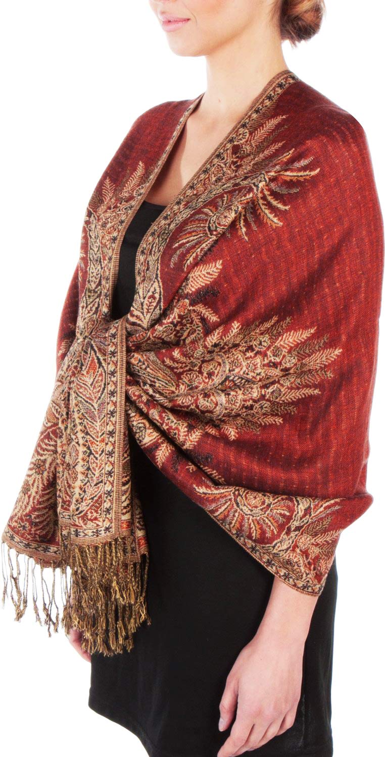 Sakkas Women's Rust Brown 70" X 28" Big Paisley Jacquard Double Layer Woven Viscose Pashmina Shawl/Wrap/Stole