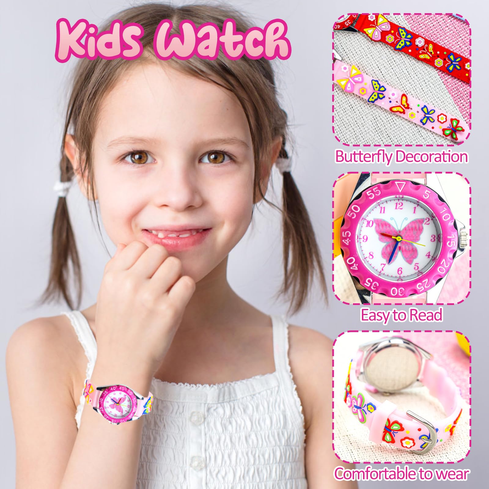 Reloj Infantil Niña, Mariposa Reloj Analogico Niños, Pulsera de Silicona Suave, Impermeable, Aprender La Hora, FáCil De Leer 3-13 Años, Regalo de Cumpleaños