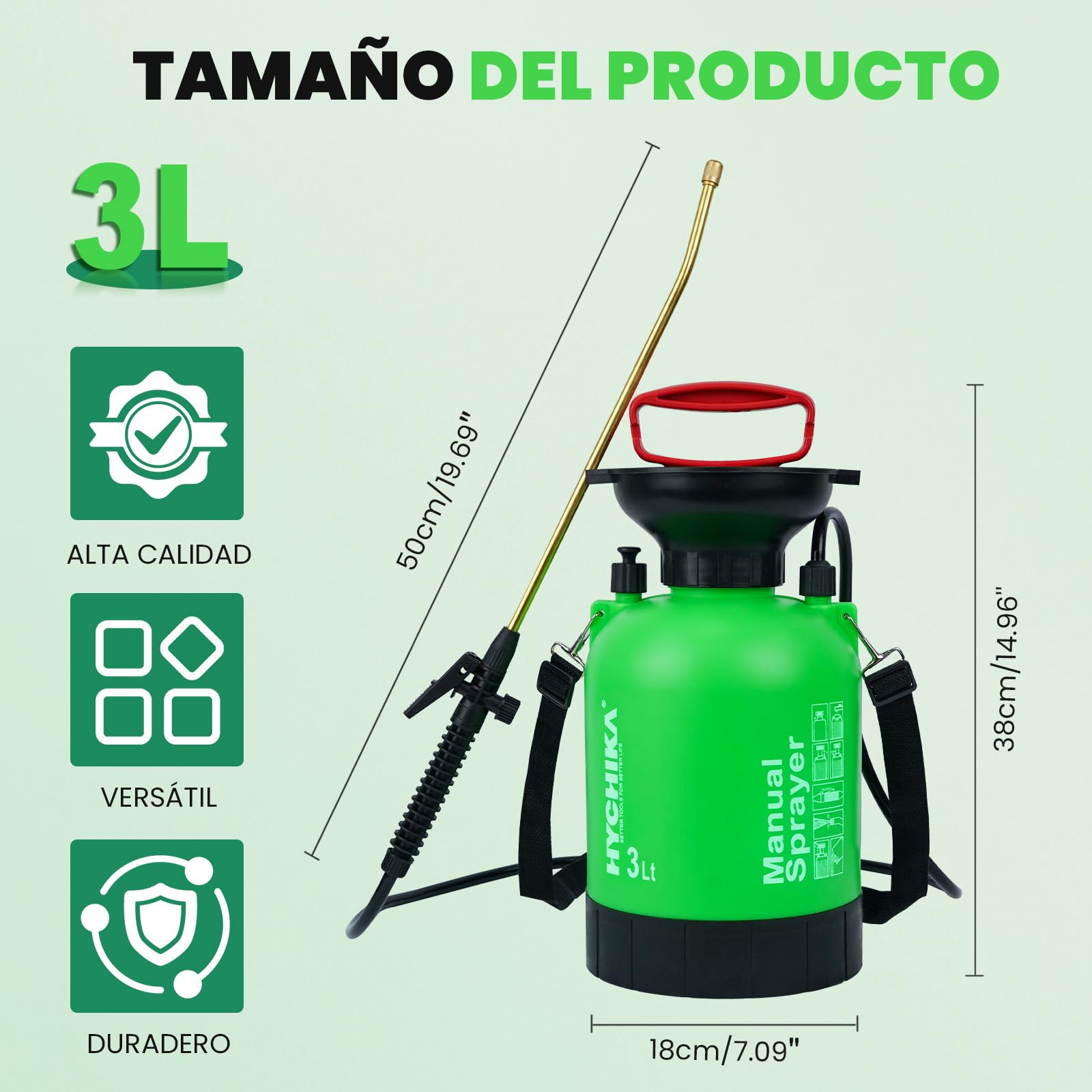 HYCHIKA Pulverizador Agua 3L, Pulverizador Plantas con Boquilla Ajustable y Correa para el Hombro, Sulfatadora Manual Spray Bottle Adecuado para Jardin, Patios y Mantenimiento de Plantas