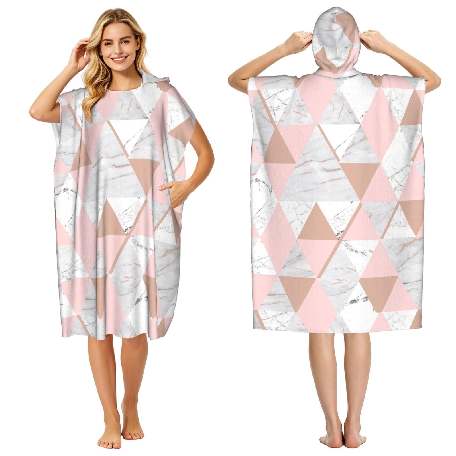 Poadnly Rose Gold Triangle Marble Pattern, Adult Hooded Beach Towel 90 x 110 cm,Changing Bath Robe, Surf Poncho Towel For Women Men