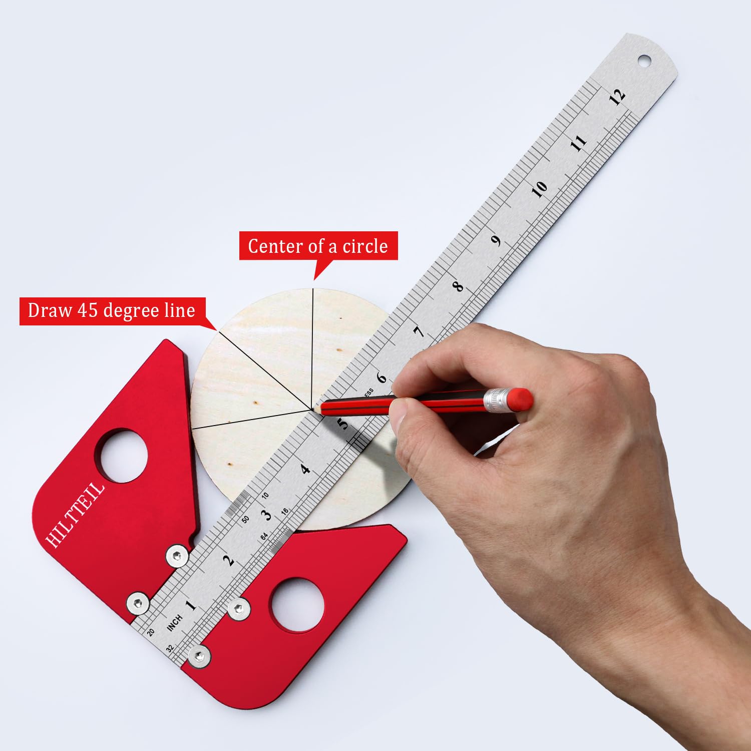 Aluminum Alloy Circle Center Finder, Center Scribe 45/90 Degree Right Angle Line Square Center Finder Measuring Tool, Woodworking Center Finder Ruler with Detachable Ruler, Red