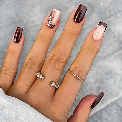 Medium Square Press on Nails Burgundy Fake Nails with Gold