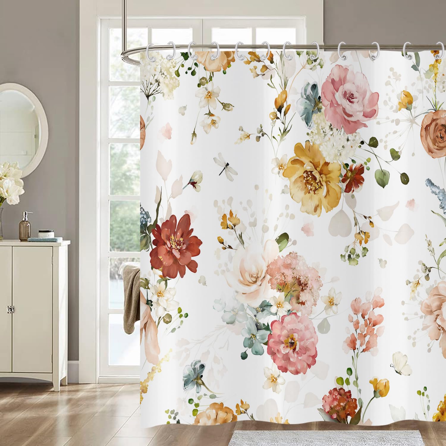 Hnmdmyi Floral Shower Curtain 180x240, Watercolor Colorful Flower Plant Butterfly Wildflowers Blossom Bathroom Curtains with Hooks Waterproof Polyester Fabric Washable Bath Curtains for Wet Room