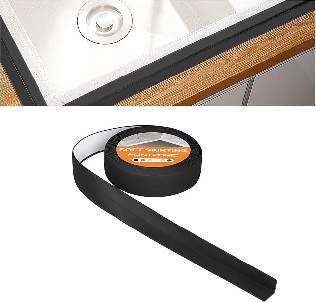 flintronic Rodapiés Autoadhesivo Flexible, 5m【10 * 10mm】 Perfil PVC, Rodapie de Acabado Rodapiés Flexible Cinta Autoadhesiva para Cocina y Baño(Negro) | Autoadhesiva, Varios Tamaños, Para Cocina, Bañera, Lavabo, Esquina De Pared, Inodoro, Puerta, Ventana Varias Ocasiones