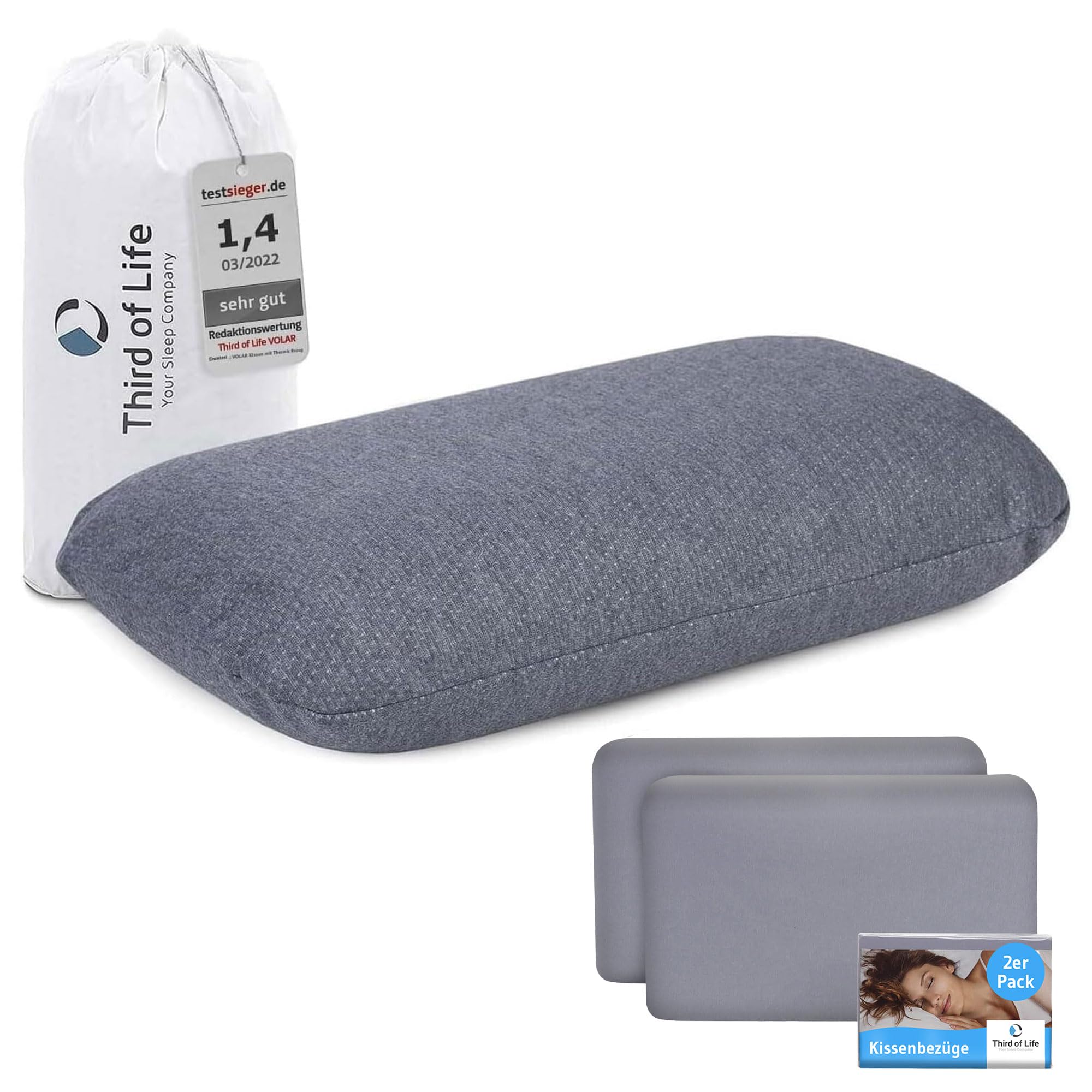 Reisekissen Volar QuickDry mit Kissenbezug Hellgrau im Doppelpack, Ergonomisches Memory Foam Nackenkissen für Flugzeug/Auto mit schnelltrocknendem Thermo-Bezug, Kleines Camping Kopfkissen 40x25