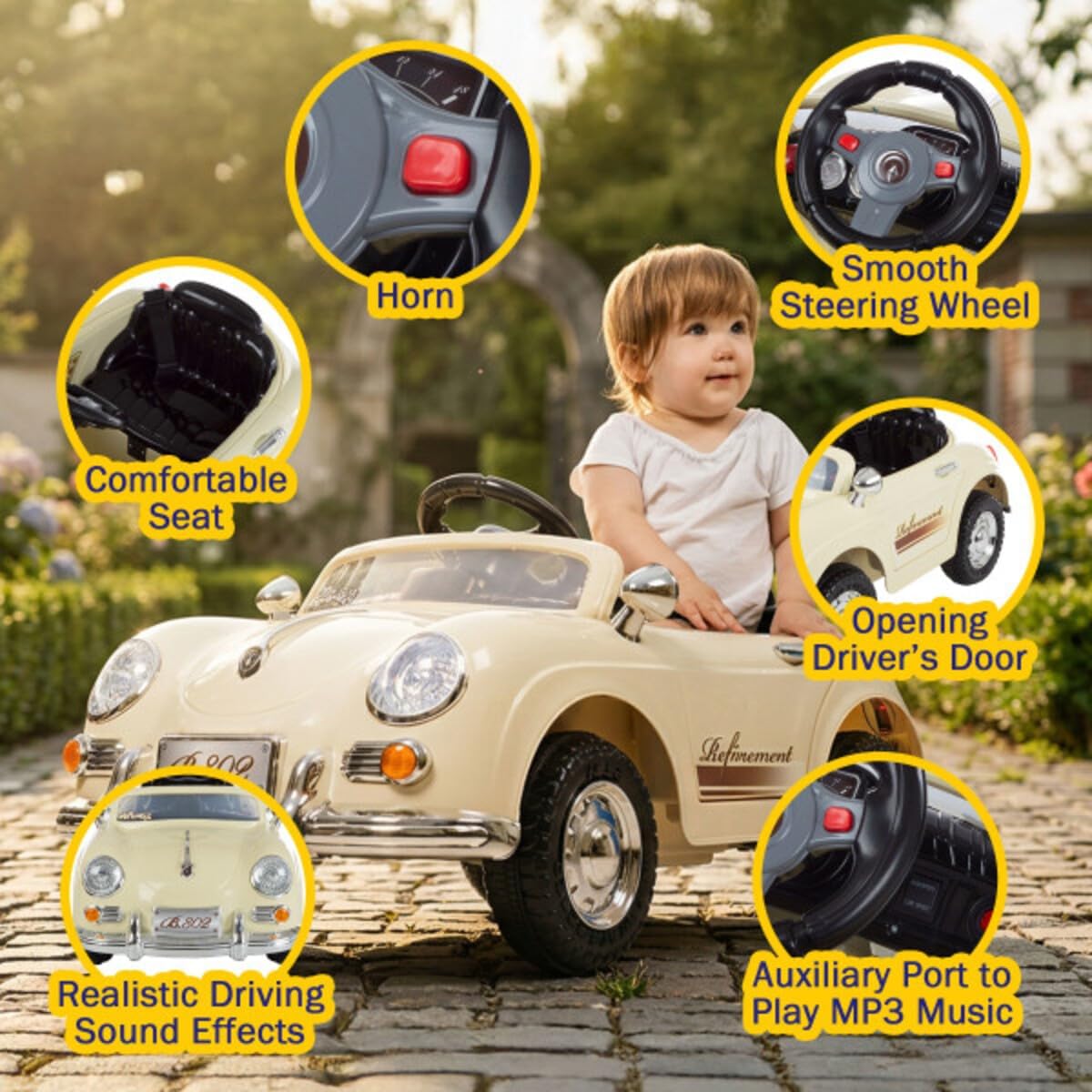 Kids Ride on Car with Remote - Classic Toddler Car for Kids Ages 3-6 - 6V Battery-Powered Ride on with Lights and AUX Port by Lil' Rider (Cream)