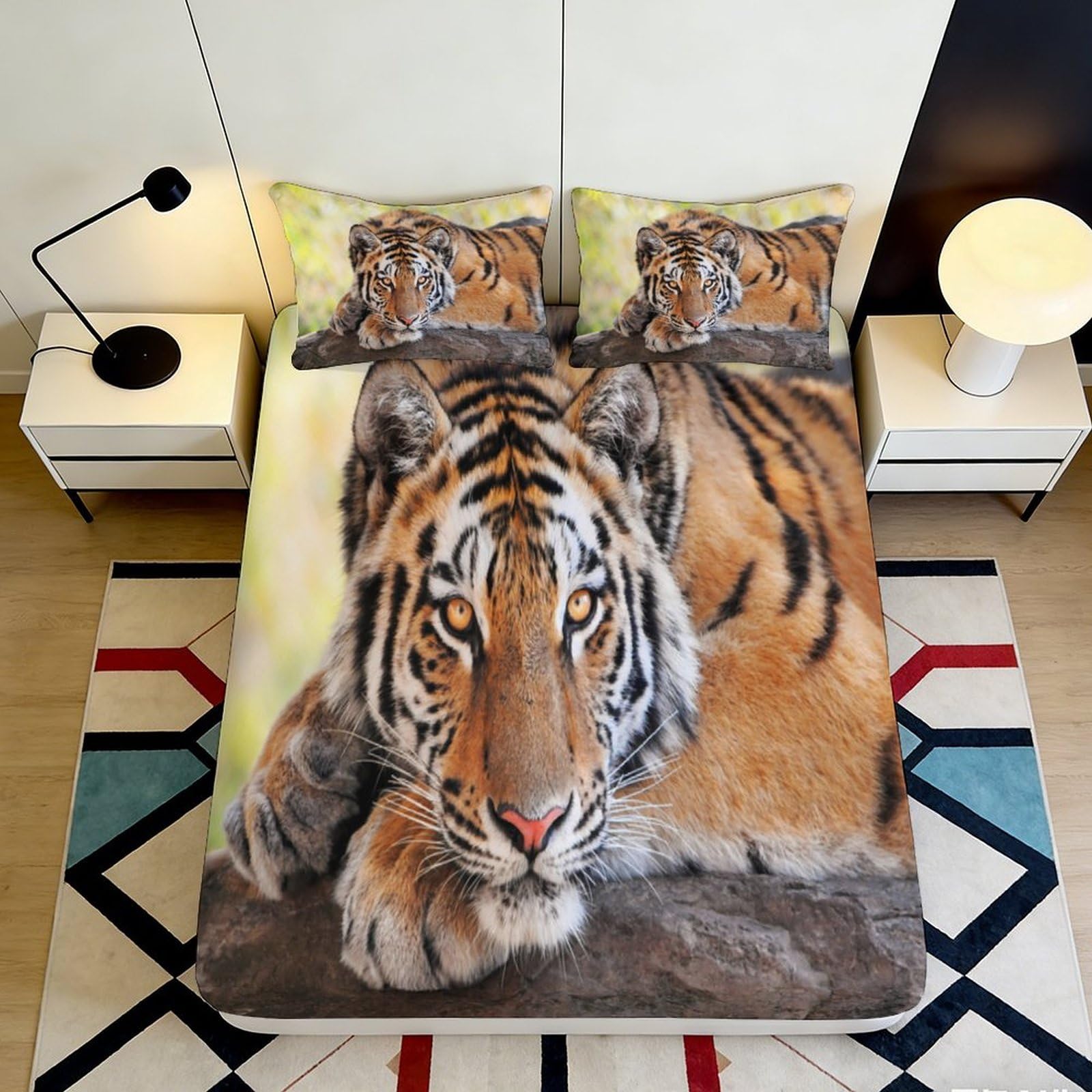3D Printed Tiger Animal Fitted Sheet Microfiber Soft Breathable Jungle Cat Mattress Cover for Bedroom Dorm Mattress Protection Decor 160x200x25cm