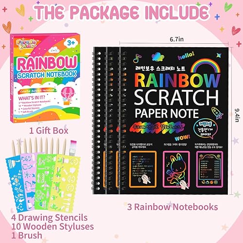 Miniatura 7 de Papel de dibujo para cuaderno de rascar arcoíris suministros de arte para raspar negro kit de colorear para niños de 3 a 9 años niñas niños
