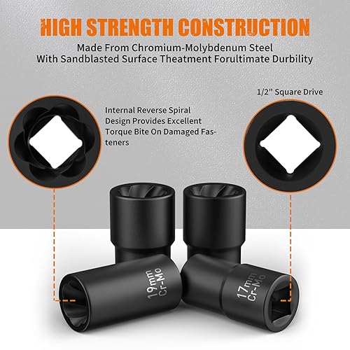 Miniatura 9 de GIREORAN Removedor de tuercas de llanta, kit de extracción de bloqueo de rueda de 5 piezas, juego de enchufes extractores de pernos de impacto de 12