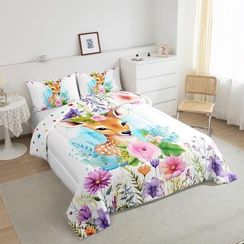 Miniatura 5 de Lindo juego de edredón de ciervos para niñas, rosas rosadas, juegos de ropa de cama y colecciones con temática de animales, edredón de flores
