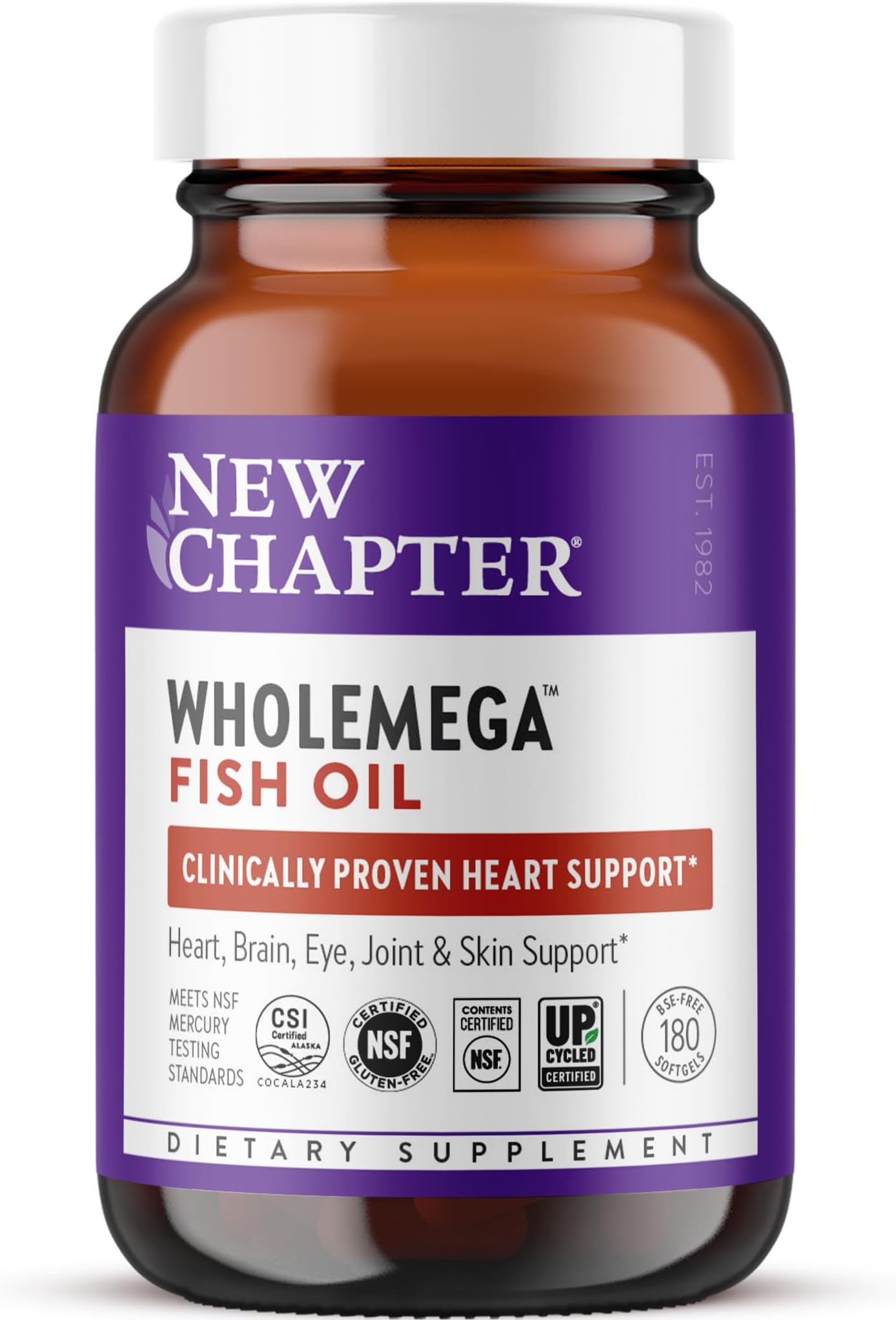 New Chapter Wholemega Fish Oil Supplement - 2000mg per Serving, Clinically Proven Wild Alaskan Salmon Oil with Omega-3 + Vitamin D3 + Astaxanthin, 180 Softgels