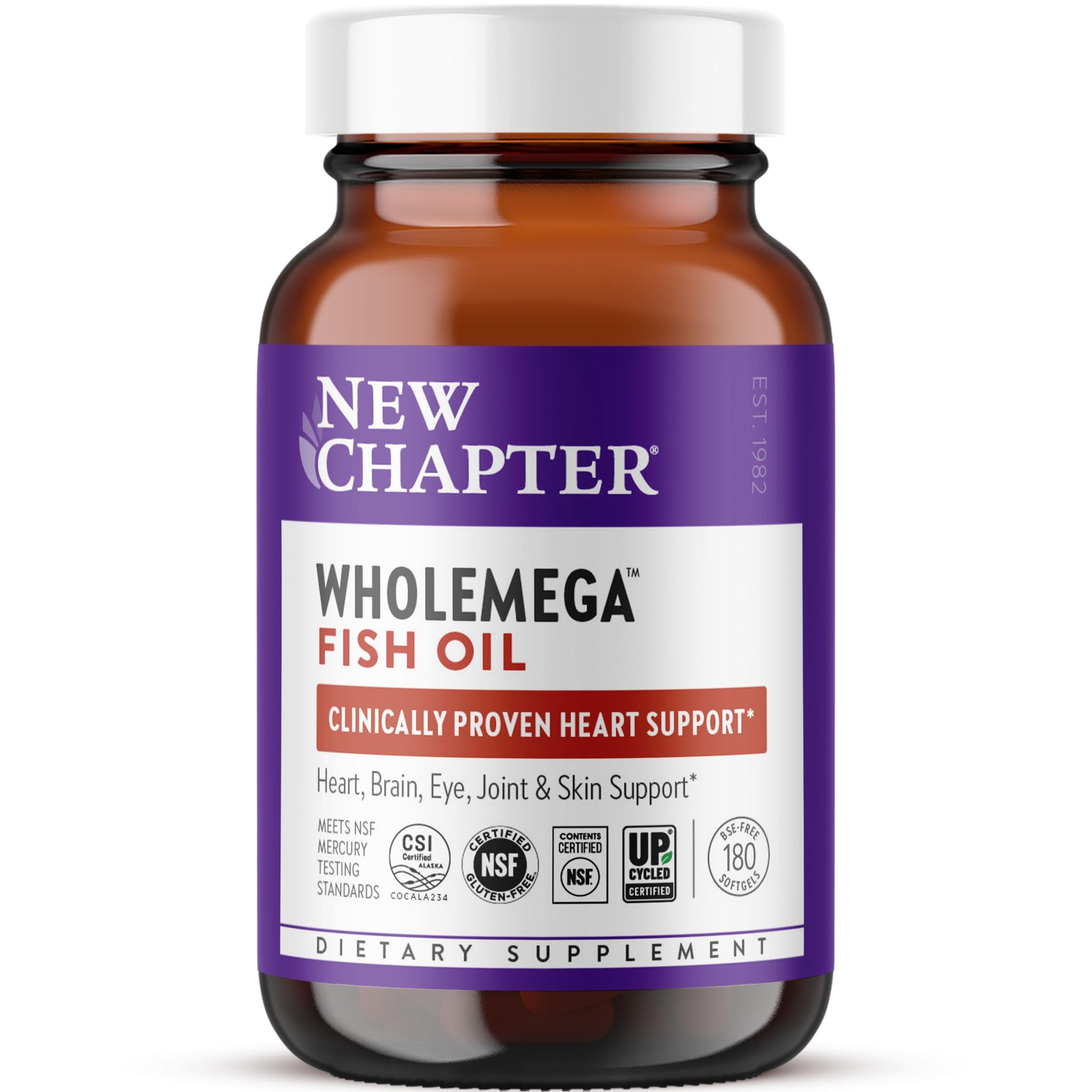 New Chapter Wholemega Fish Oil Supplement - 2000mg per Serving, Clinically Proven Wild Alaskan Salmon Oil with Omega-3 + Vitamin D3 + Astaxanthin, 180 Softgels
